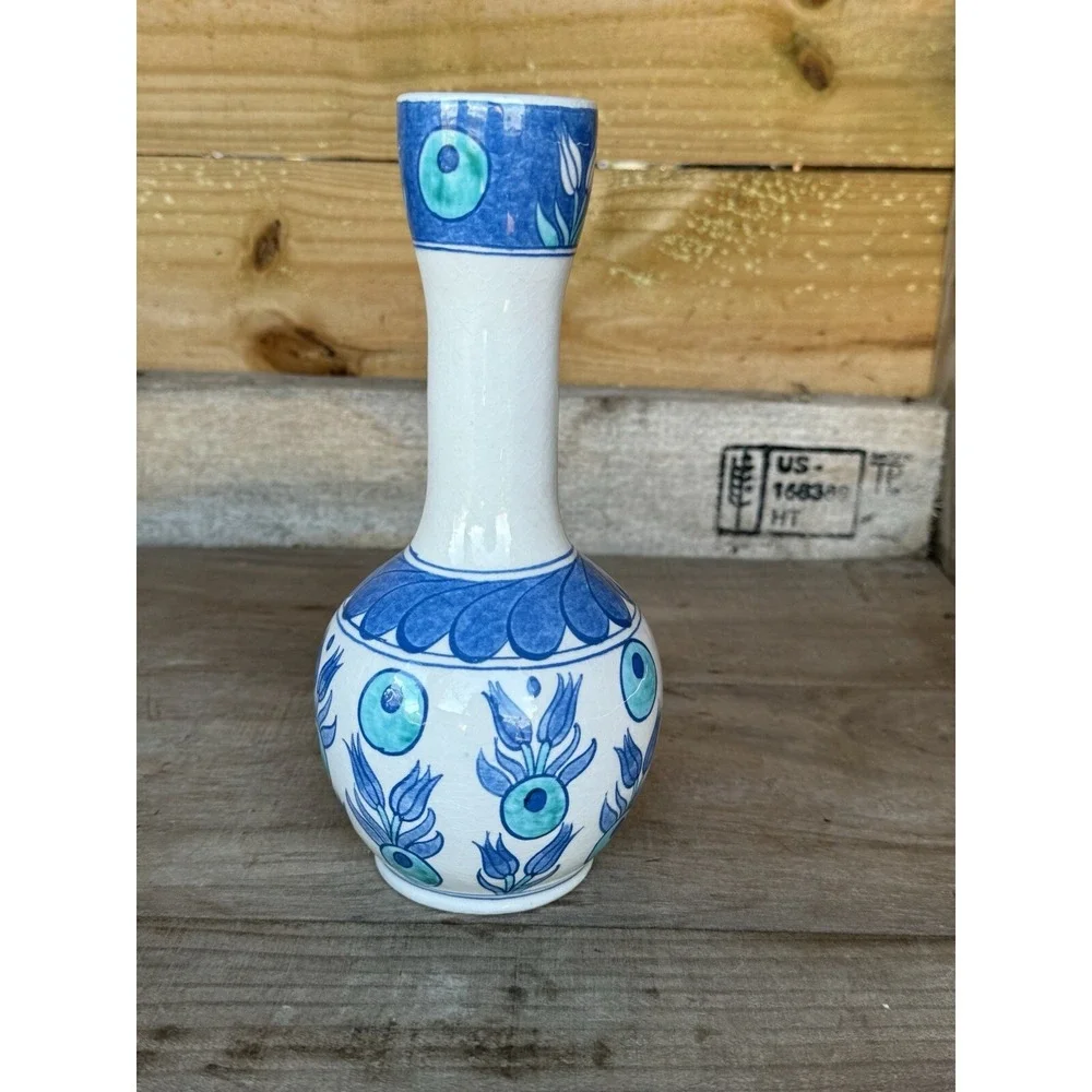 Vintage Hand Made Hand Painted Small‎ Turkish Porcelain Vase Blue Floral